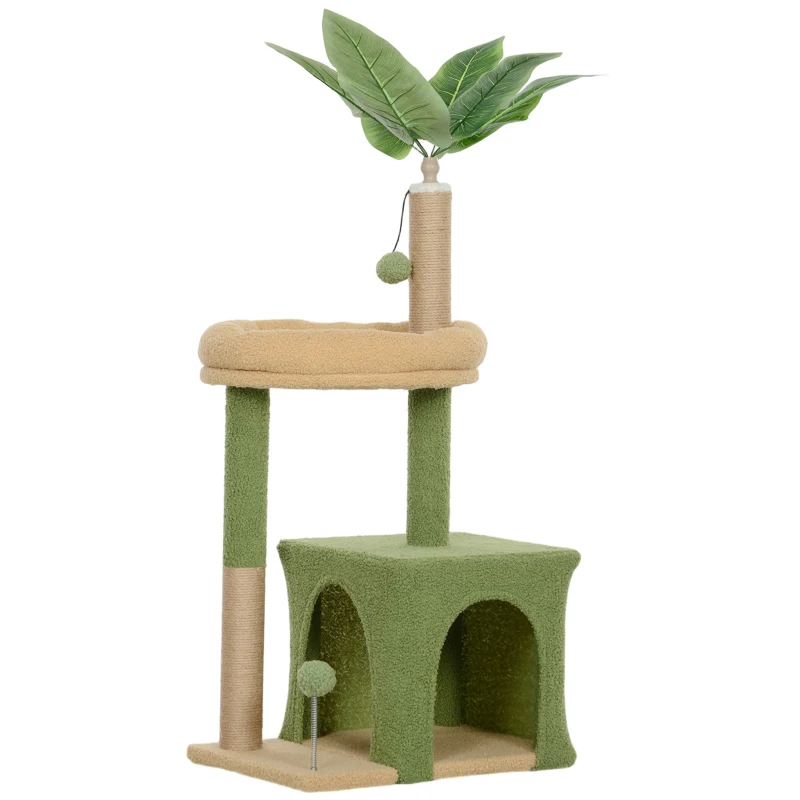 PawHut Árbol para gatos torre de juegos para gatos con casita cama rascadores bolas y hojas artificiales 44x30x98 cm Verde