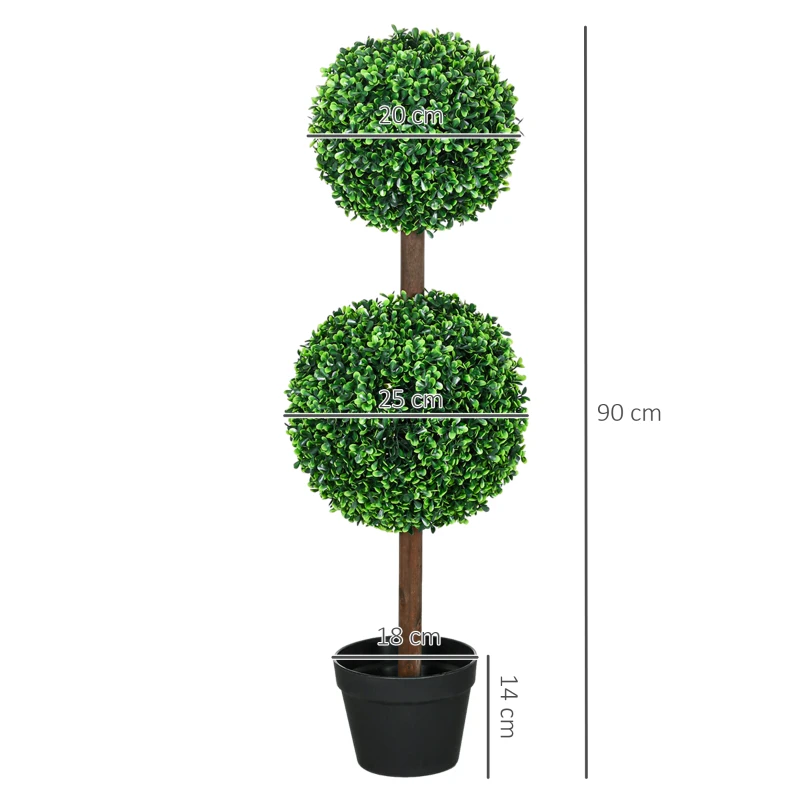 HOMCOM Conjunto de 2 árboles boj artificial doble bola con tronco y maceta incluidos - altura 90 cm Verde