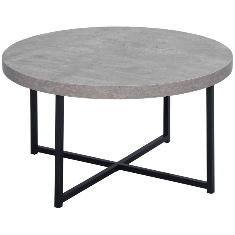 HOMCOM Mesa de centro redonda de efecto concreto encerado en madera y metal - Ø 80 x 45 cm - base cruzada