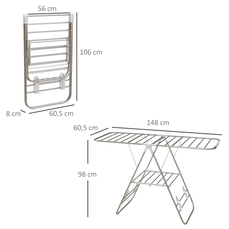 HOMCOM Secador de Ropa en Pie Plegable Tendedero 2 Niveles Ajustables 148x60,5x98 cm