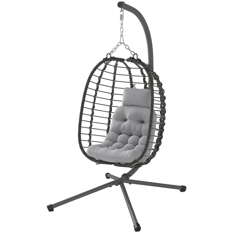 Outsunny Silla colgante plegable de ratán con soporte, cojín y almohada altura ajustable, Gris