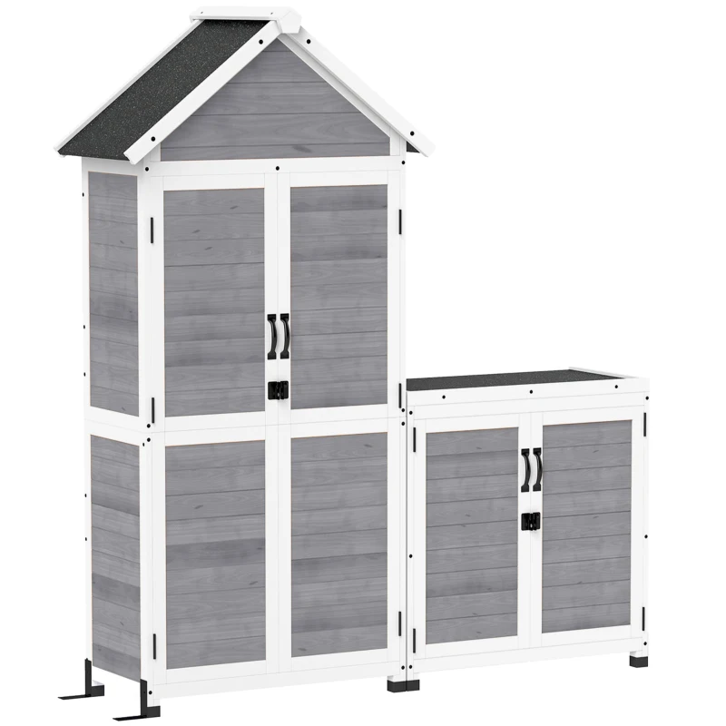 Outsunny Cobertizo de jardín y armario de almacenaje en madera con techo inclinado de asfalto, estantes y puertas con cerradura, Gris