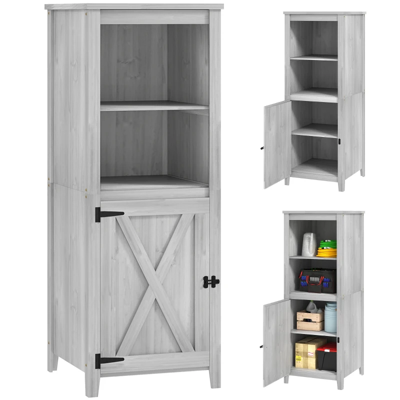 Outsunny Cobertizo de jardín con puerta de granero, estantes ajustables, diseño estilizado, Madera de pino, Gris claro