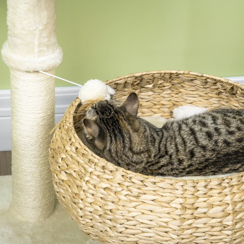 PawHut Árbol rascador para gatos 2 niveles altura 72 cm poste sisal con cueva y plataforma 1 bola suspendida