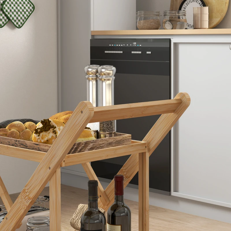 HOMCOM Carrito de cocina de bambú carrito de servicio plegable 2 bandejas 4 ruedas 3 compartimentos para vino 66x40x70 cm madera