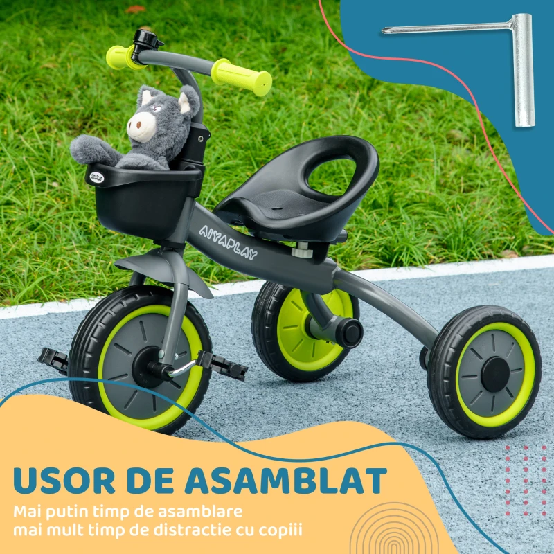 AIYAPLAY Tricicletă pentru Copii cu Scaun Reglabil, Bicicletă pentru Copii cu Coș și Clopoțel, 70.5x53x58 cm, Negru