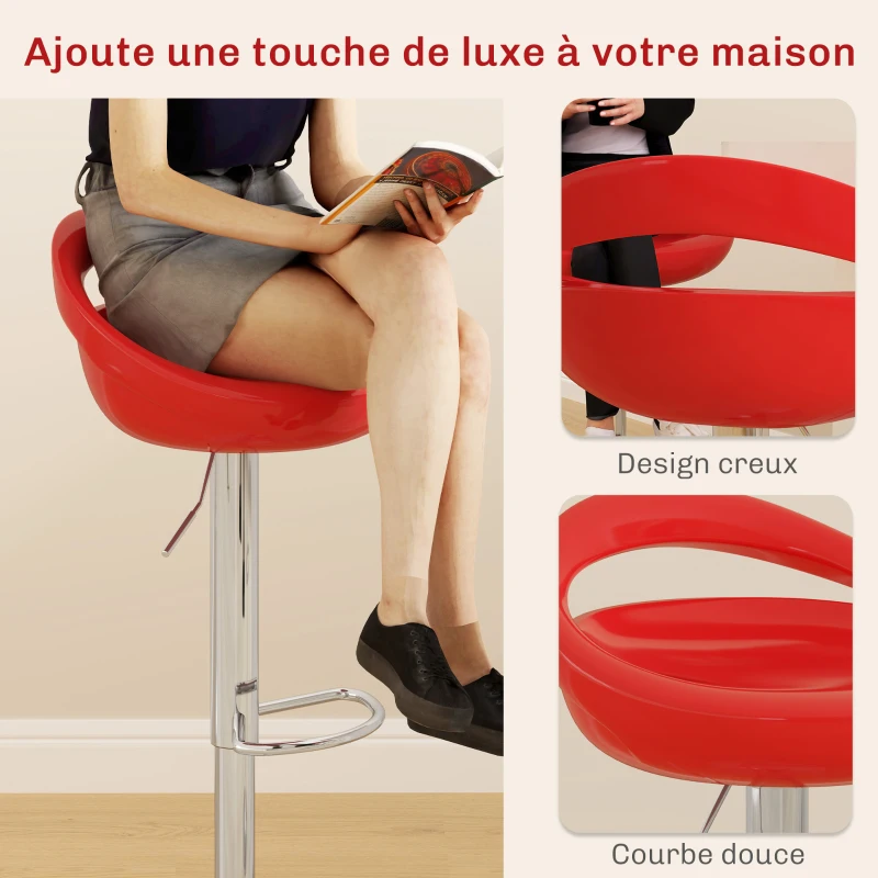 HOMCOM Lot de 2 tabourets de bar chaises de bar hauteur réglable dossier et repose-pieds pivotant à 360° 46x41x76-96cm rouge