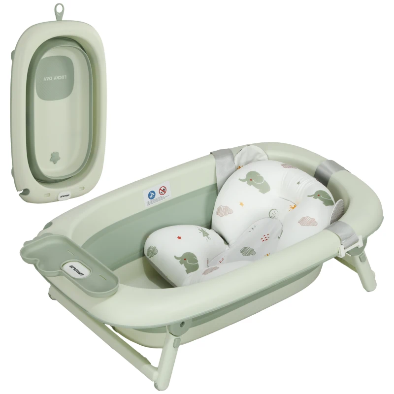 AIYAPLAY Bañera para Bebés, plegable, base antideslizante, almohadilla de baño de elefante, 86 x 53 x 25.5 cm, Verde