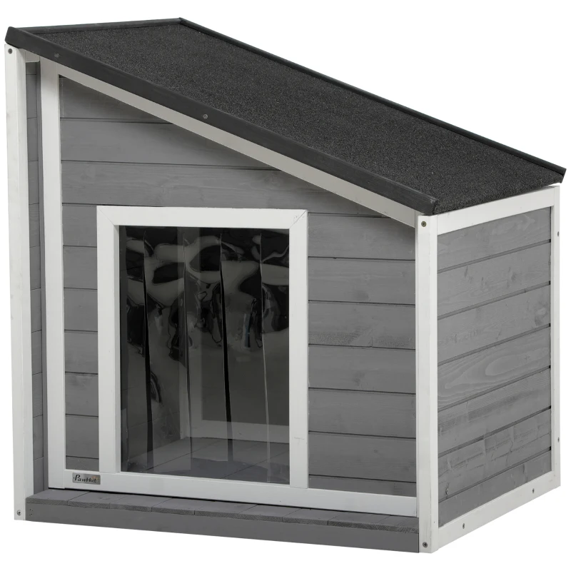 PawHut Caseta para Perros de Madera Maciza, Resistente a la Intemperie, Techo de Asfalto, 71 cm x 58 cm x 77 cm, Gris + Blanco