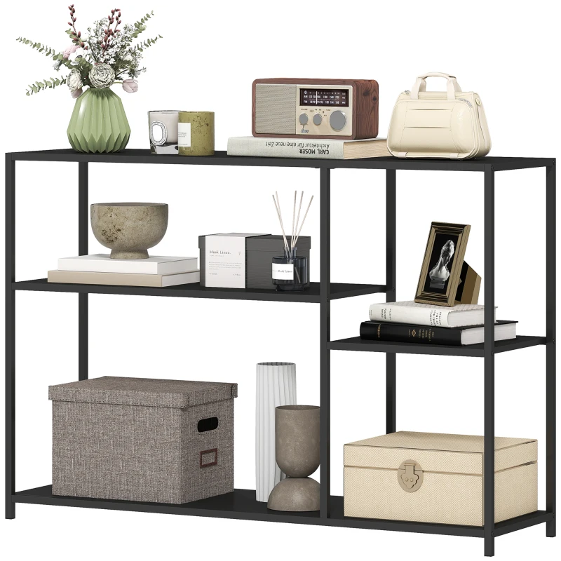HOMCOM Mesa consola estrecha de 4 niveles estilo industrial estructura de acero, 110x30x75 cm, Negro