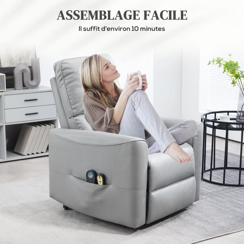 HOMCOM Sillón levantapersonas eléctrico con masaje 8 puntos y calefacción, control remoto, resortes ensacados, Gris claro