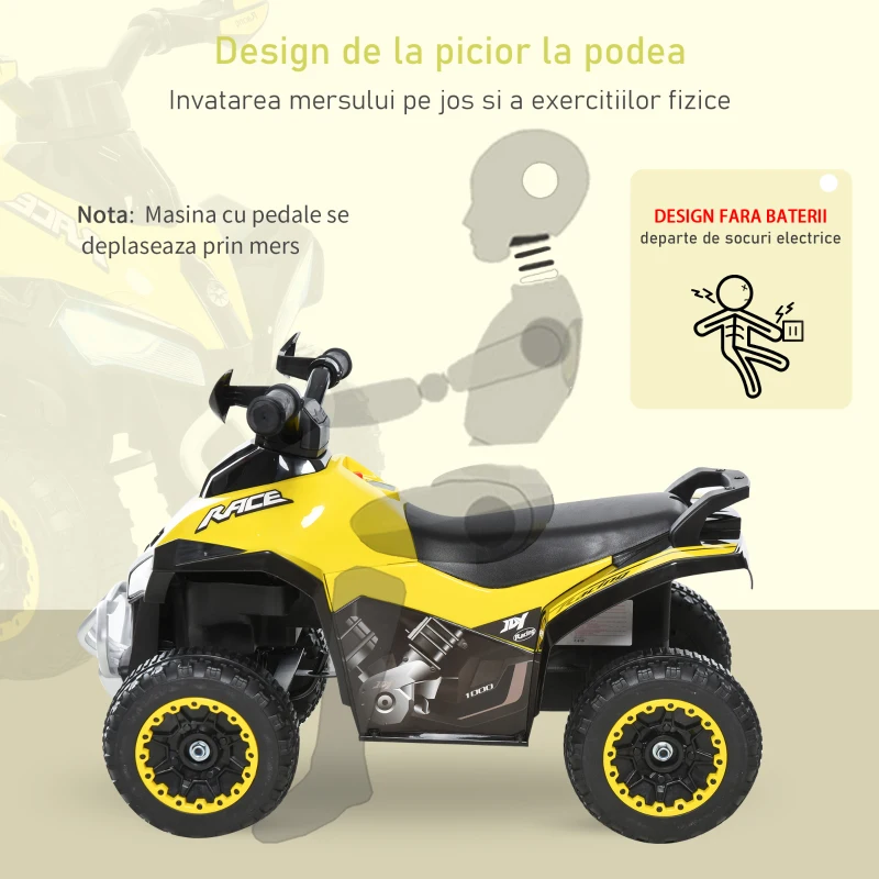 HOMCOM Mini ATV, Motocicletă pentru Copii 18-36 Luni cu Muzică Integrată și Ghidon Larg, 67,5x38x44 cm, Galben(m-6)