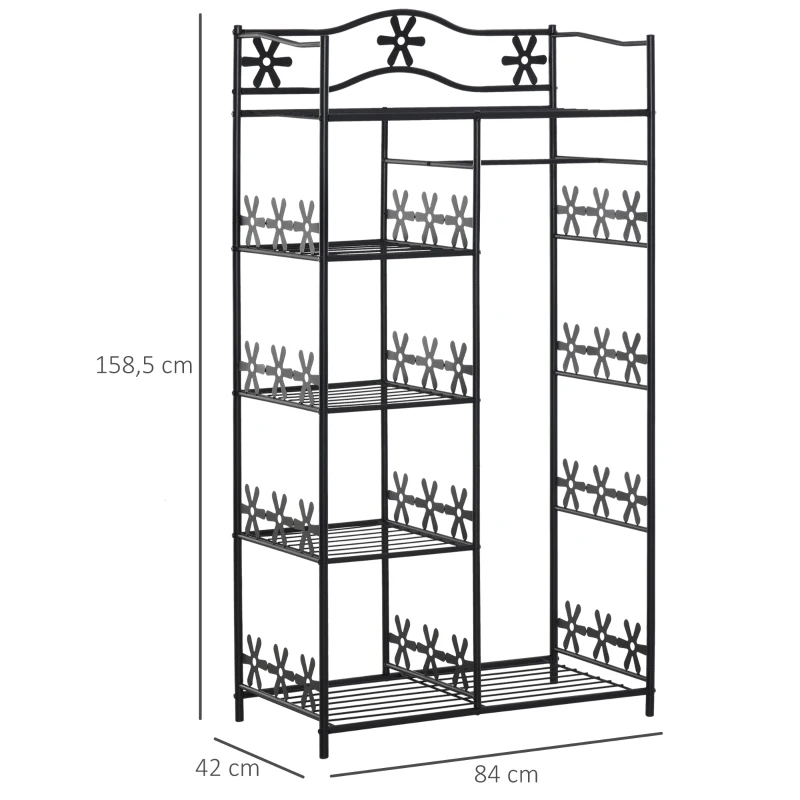 HOMCOM Armario Dormitorio Adulto Ropero Vestuario Almacenamiento Múltiple 5 estantes 84x42x159H cm metal Negro 2 Cortinas Blancas