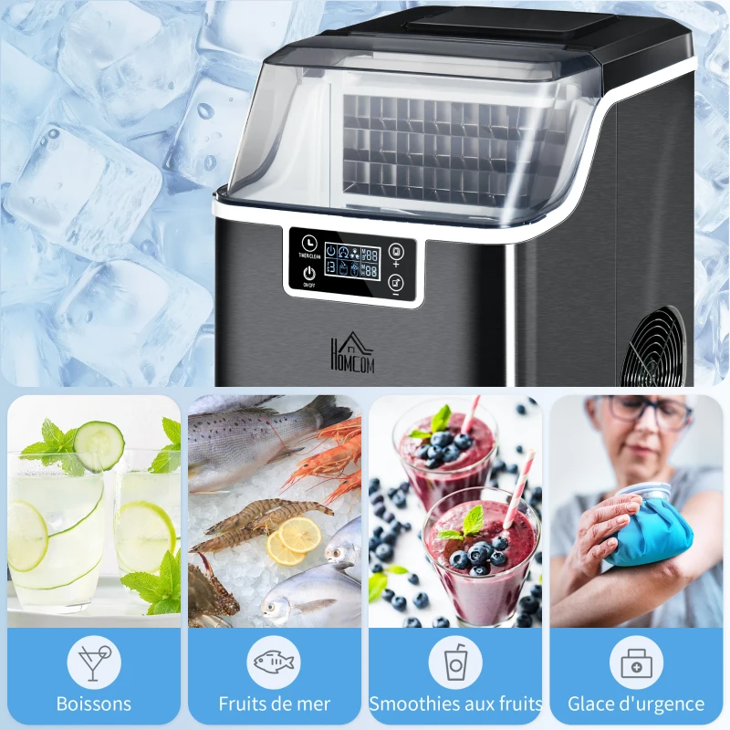 HOMCOM Machine à glaçons, 20 kg en 24h, 24 glaçons en 14-18 min, ice maker avec fonction autonettoyante, 25,2x36x37,1cm, noir