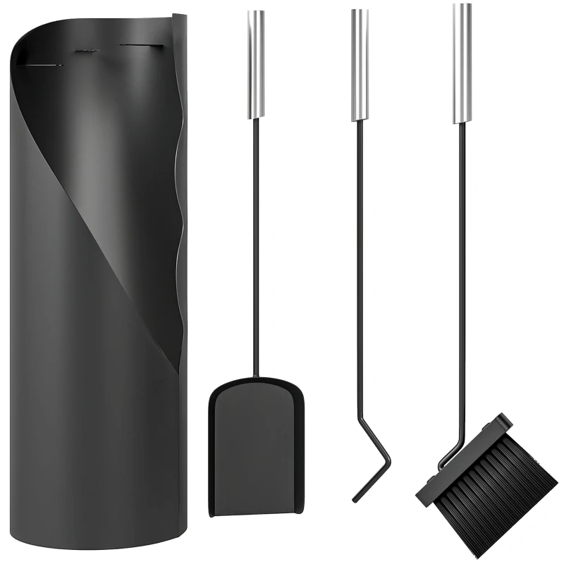 Outsunny Juego de Utensilios para Chimenea de 4 Piezas de Metal con Escoba Pala Atizador y Cubo 20x20x65 cm Plateado
