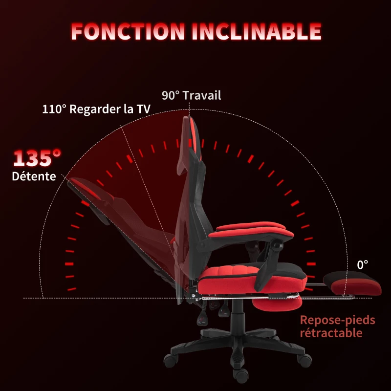 Vinsetto Chaise de bureau fauteuil gaming hauteur réglable dossier roulettes pivotantes repose-pied tissu en maille 58L x 63l x 112-122H cm rouge noir