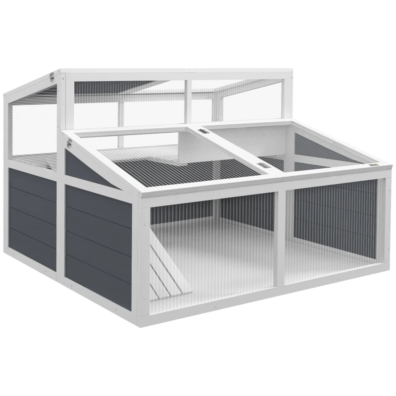 PawHut Casa recinto jaula para pequeño animal tortuga con 2 espacios techo en policarbonato 3 puertas rampa 115x115x82 cm Gris