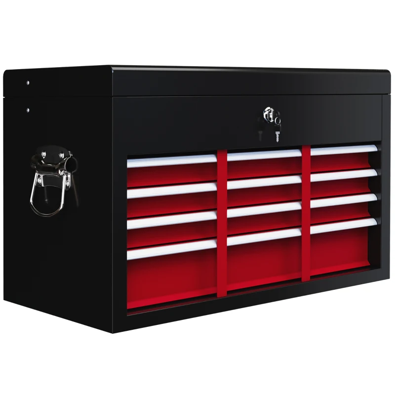 HOMCOM Baúl de herramientas, bloqueable, 3 cajones, protección de acero, 60x26x34cm, Rojo + Negro
