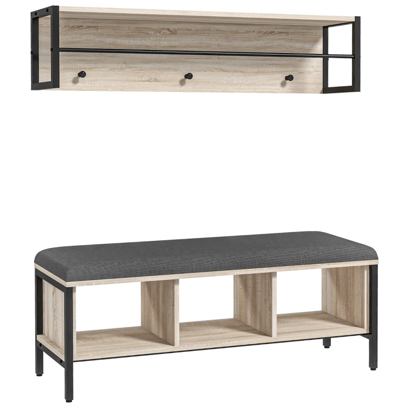 HOMCOM Conjunto de mueble de entrada 2-en-1 banco para zapatos 3 casilleros y perchero de pared 3 ganchos y barra natural y negro