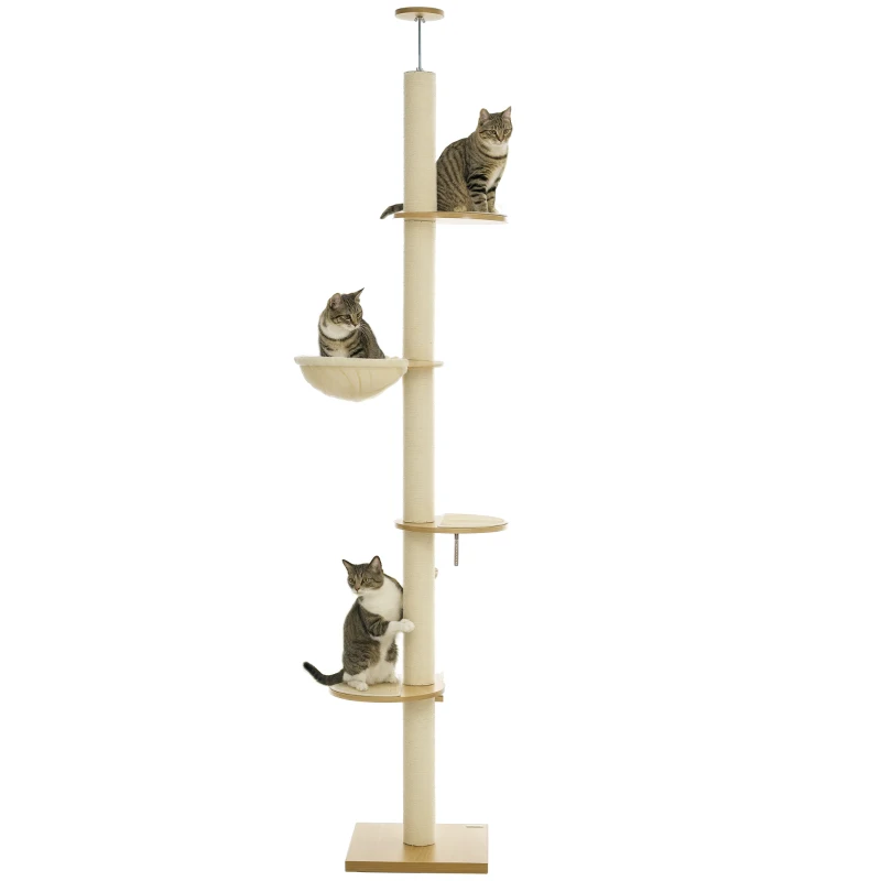 PawHut Rascador de Techo Alto, Seguro antivuelco, Poste de cuerda de sisal, Tablero de madera, Roble+Blanco Crema