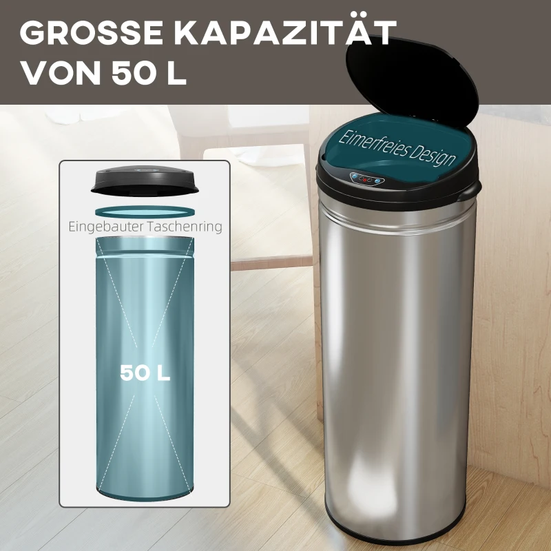 HOMCOM 50 Liter Sensor-Prullenbak met Soft-Close-Functie, contactloze Vuilnisbak van Roestvrij Staal voor hygiënische Keukens, Kantoren, Zilverkleurig