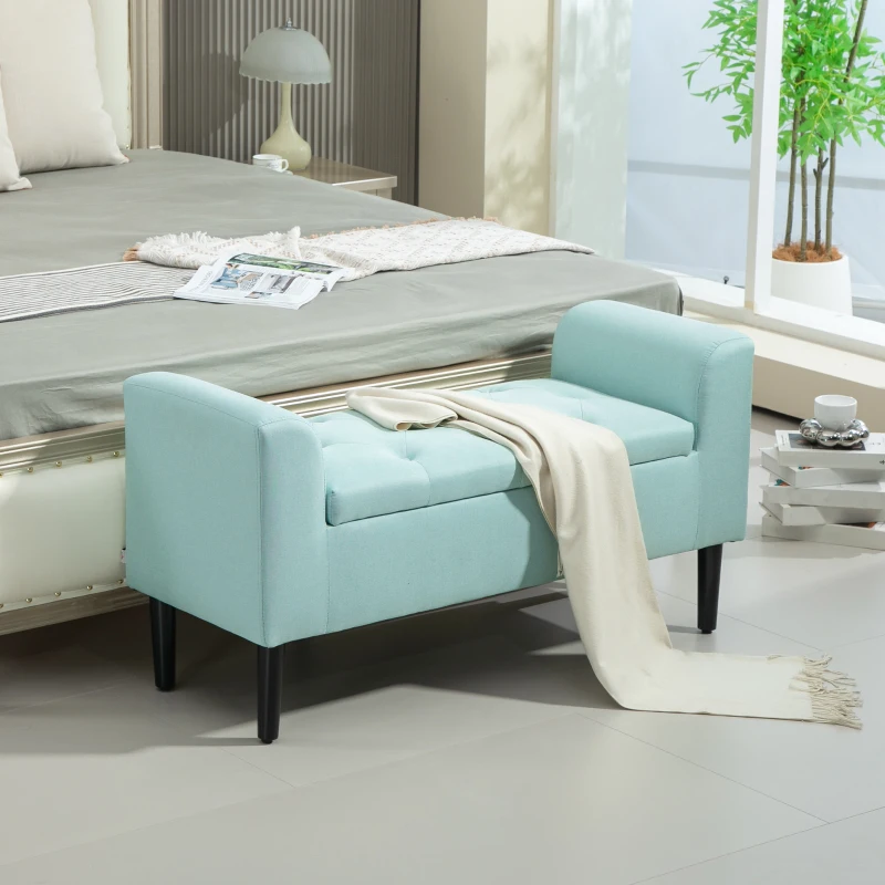 HOMCOM Banqueta con almacenamiento, Banco acolchado, capacidad de carga de 130 kg, aspecto de lino, madera de caucho, 116x44x58 cm