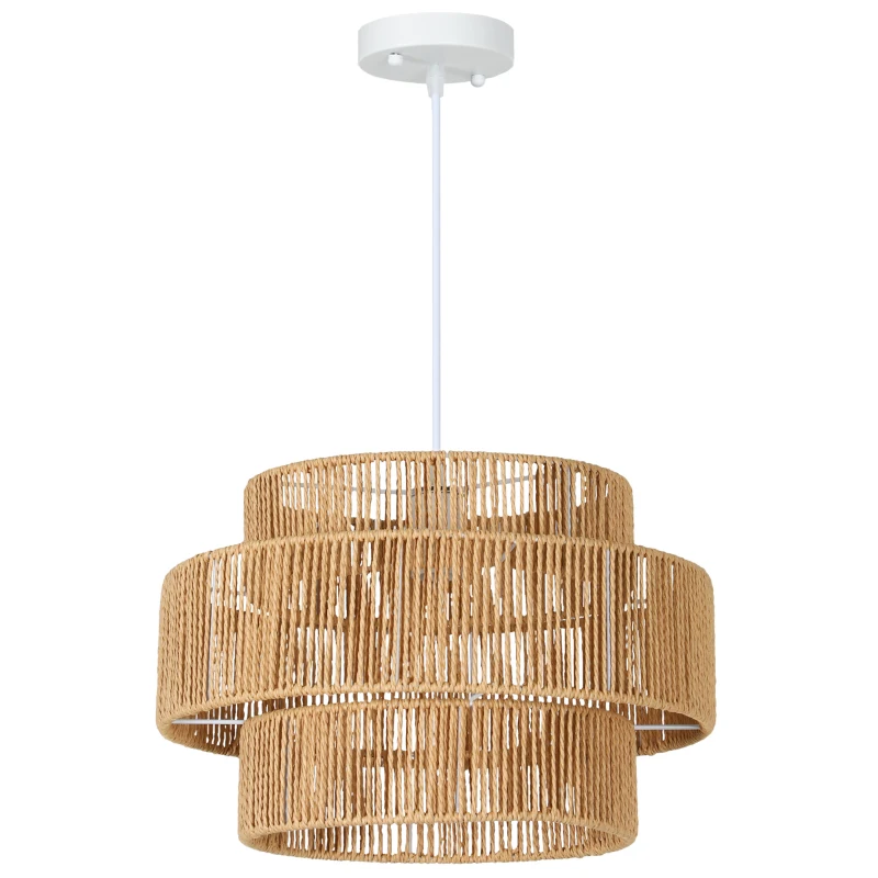 HOMCOM Lámpara Colgante, Pantalla de 3 Niveles, Metal, Cuerda de Cáñamo, Marrón Claro