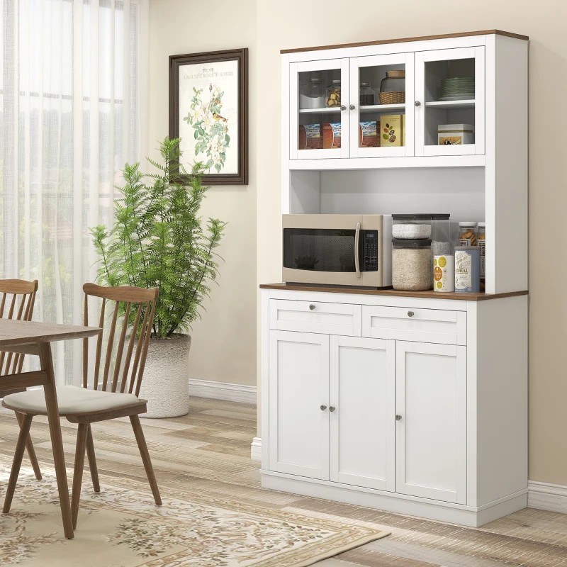 HOMCOM Buffet haut cuisine, armoire de cuisine, 6 portes, 2 tiroirs, plan de travail, étagères réglables, 100x40x180cm, blanc(m-2)