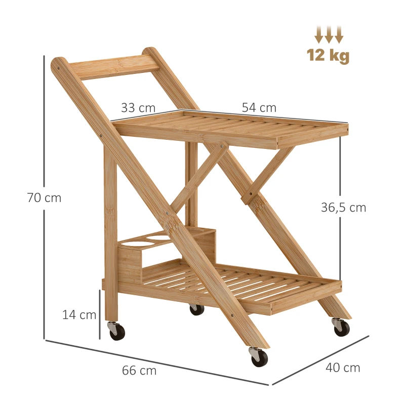HOMCOM Carrito de cocina de bambú carrito de servicio plegable 2 bandejas 4 ruedas 3 compartimentos para vino 66x40x70 cm madera