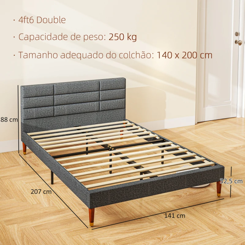 HOMCOM Cama 140x200 cm Estrutura de Cama com Cabeceira Estofada em Linho e Espaço de Armazenamento Debaixo da Cama Cinza