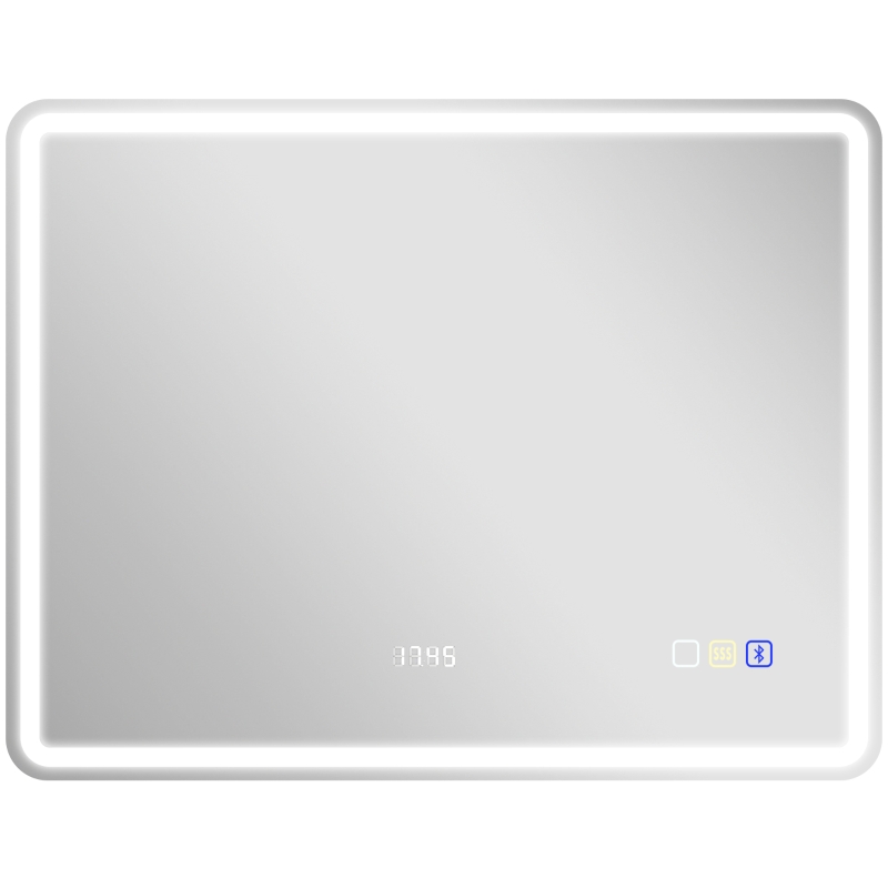 HOMCOM Espejo de Baño con Iluminación LED, Almohadilla Antivaho, 3 Colores Ajustables, Reloj, 700 x 900 mm, Color Plata