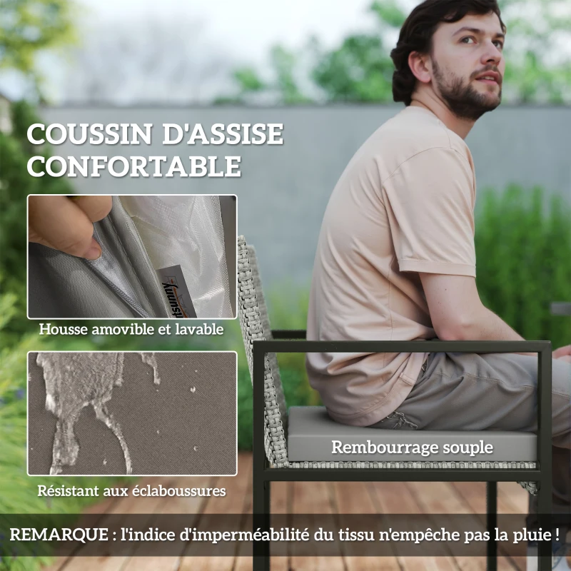 Outsunny Salon de jardin extérieur en résine tressée 8 places avec coussins et plateau en verre trempé, gris