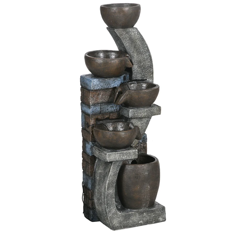 Outsunny Fuente de jardín, Aspecto de Ladrillo, 5 Niveles, Solar, LED, 107cm, Resina, Gris/Marrón