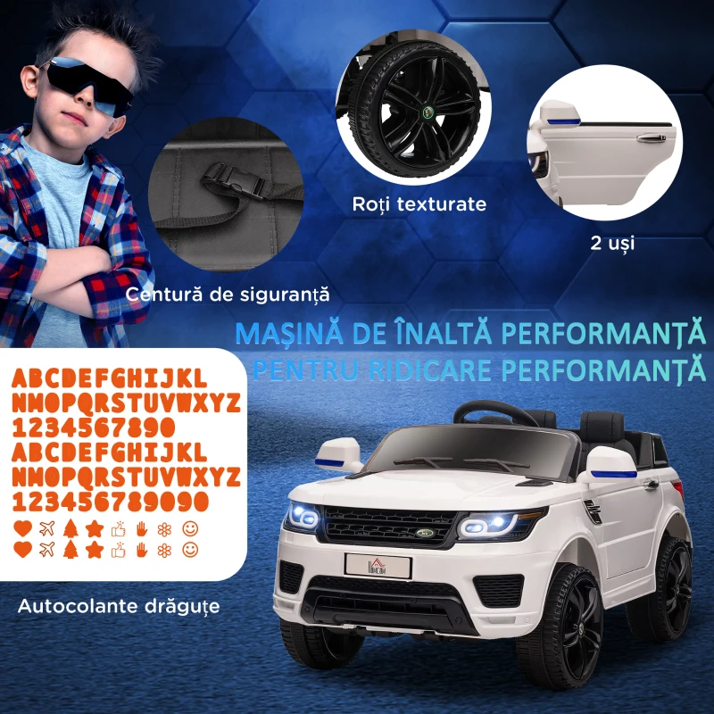 HOMCOM Mașinuță Electrică pentru Copii cu Motor Dublu, Suspensie și Telecomandă, 110x68x52 cm, Alb(m-4)