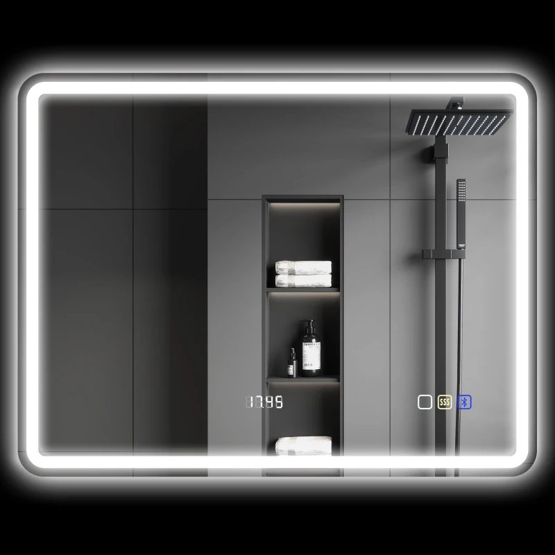 HOMCOM Espejo de Baño con Iluminación LED, Almohadilla Antivaho, 3 Colores Ajustables, Reloj, 700x900 mm, Color Plata