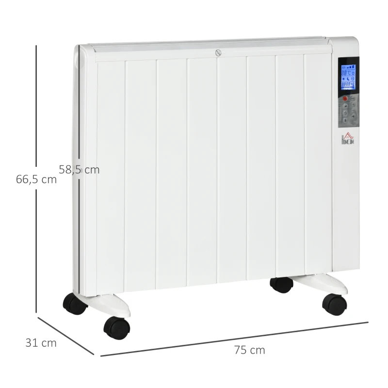 HOMCOM Calefactor Eléctrico con Ruedas, 9 Modos Preinstalados, Posibilidad de Montaje en Pared, 5-35°C, Blanco, 75x7,5x58,5 cm