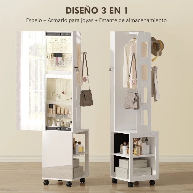 HOMCOM Espejo Joyero con Luces LED Armario para Joyas de Giro de 360° Cerradura y Llaves Superficie Blanco y Forro Beige