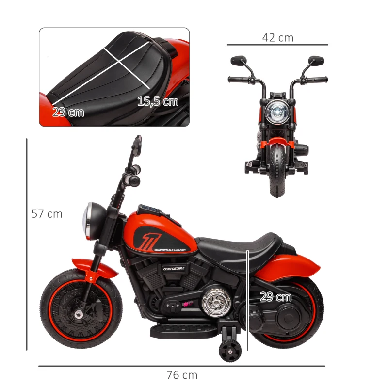 HOMCOM Moto eléctrica para niños 3 km/h 6V con faro LED 2 ruedas de entrenamiento de 18 a 36 meses con motor potente Rojo