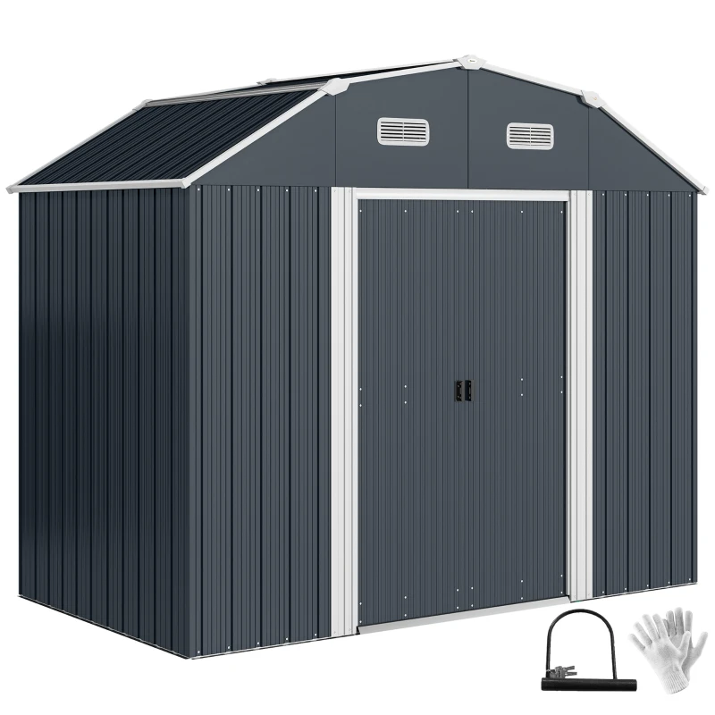 Outsunny Caseta de Exterior Metálica 2,7 m² 238x132x198,5 cm con Base Estantes Ajustables 2 Puertas Corredizas y 2 Ventanas Gris