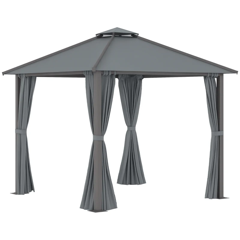 Outsunny Gazebo para jardín con terraza con 4 paredes laterales techo doble protección solar 3x3 m Gris