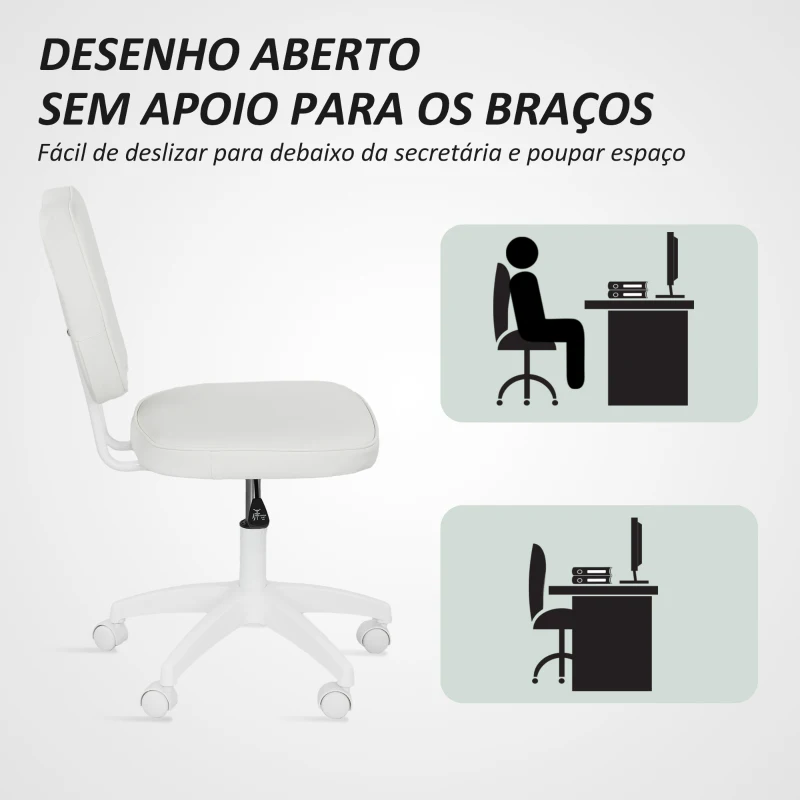 Vinsetto Cadeira de Escritório Estofada em PU com Altura Ajustável Sem Braços Cadeira de Estudo Dormitório 46x59x82-92 cm Branco