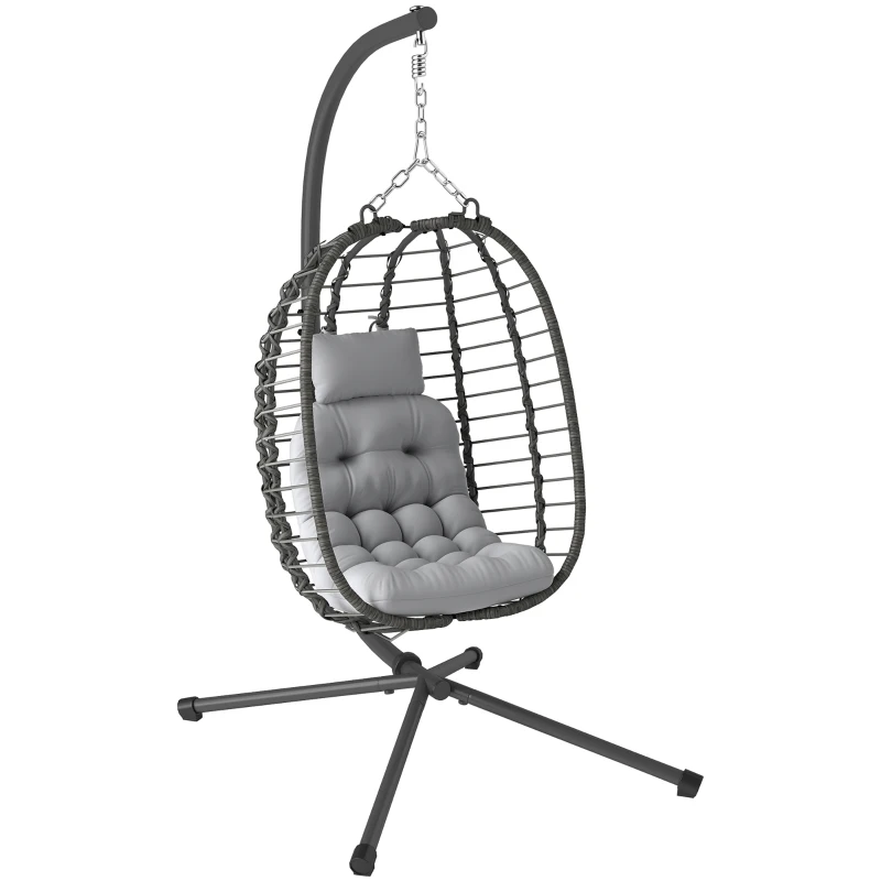 Outsunny Silla colgante plegable de ratán con soporte, cojín y almohada altura ajustable, gris