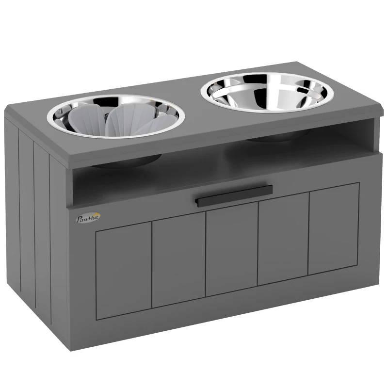 PawHut Estación de alimentación para perros grandes con 2 platos de acero inoxidable, cajón, máquina de alimentación para mascotas, MDF, acero, gris
