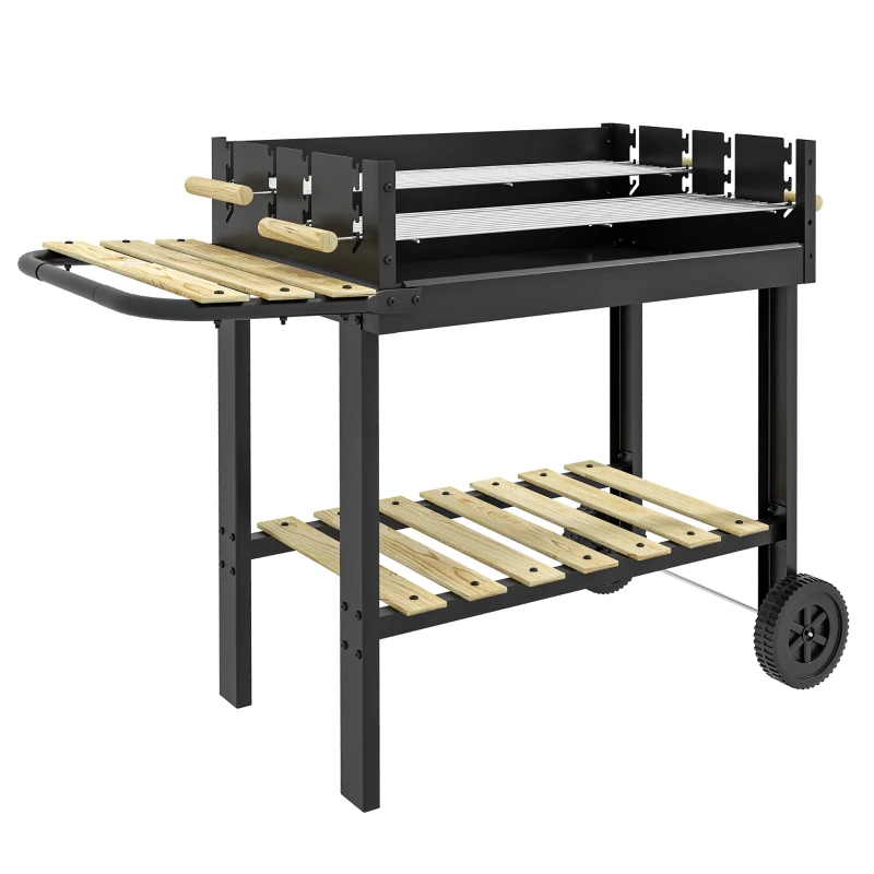 Outsunny Barbacoa de Carbón BBQ grill con doble parrilla ajustable, 2 ruedas y 2 mesas dim. 113L x 53,5An x 82,5Al cm negro