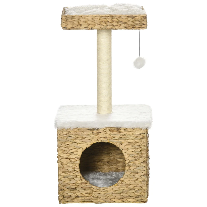 PawHut Árbol para gatos de 2 niveles con 1 casita, 1 poste de sisal, 1 plataforma observadora y 1 pompón colgante, mimbre