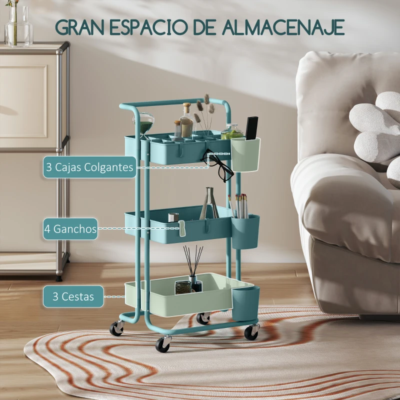 HOMCOM Carrito Auxiliar con Ruedas Carro de Almacenaje Multifuncional con Ganchos y Cajas Colgantes 42x38x86,5 cm Azul Verdoso
