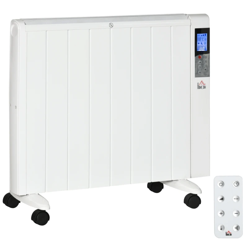 HOMCOM Calefactor Eléctrico con Ruedas, 9 Modos Preinstalados, Posibilidad de Montaje en Pared, 5-35°C, Blanco, 75 x 7,5 x 58,5 cm