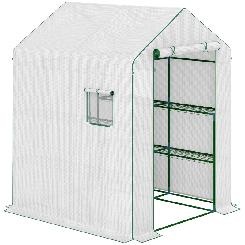 Outsunny Invernadero de jardín con 1 puerta 2 ventanas estantes 3 niveles para Verduras Plantas Flores Cubierta PE 140 x 143 x 190 cm blanco