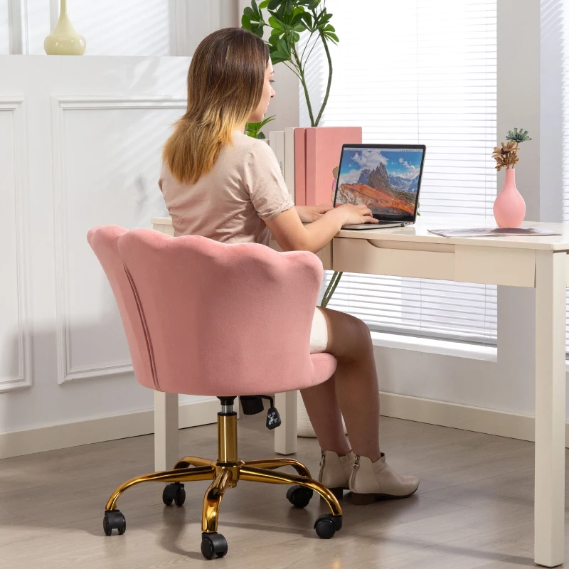 HOMCOM Silla de oficina en terciopelo, silla de tocador con respaldo en pétalo, altura ajustable, 69x64x80-90 cm, rosa
