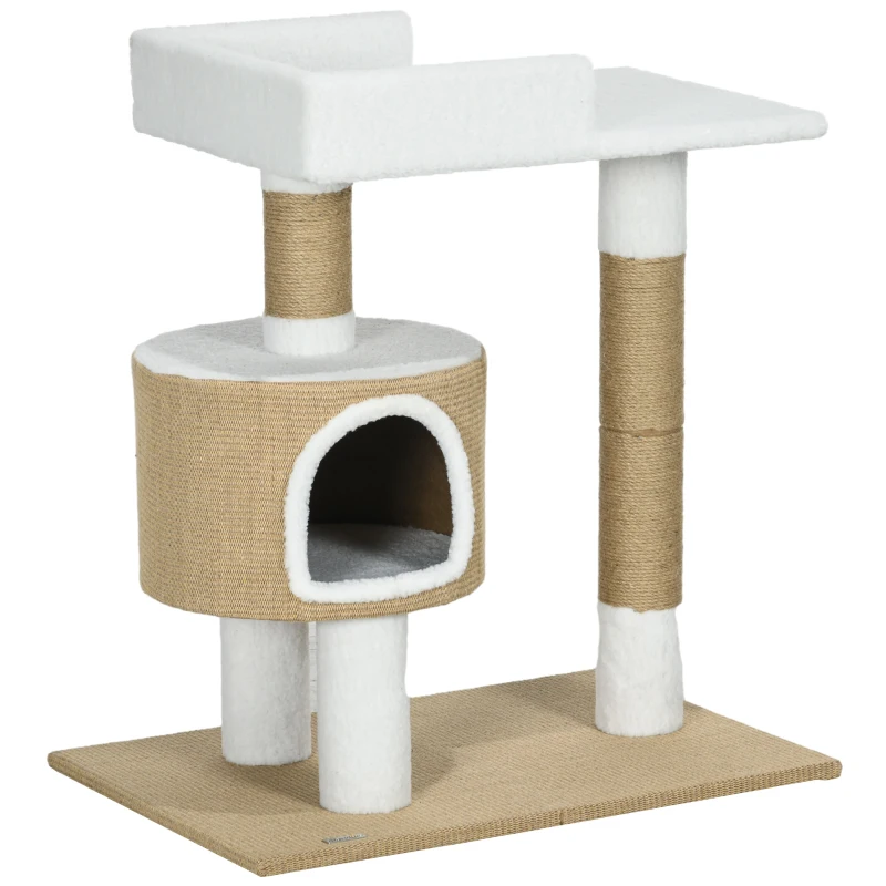 PawHut Árbol Rascador Árbol para Gatos con Casita, 1 Casita, 1 Área de descanso, 70x49x79 cm, Natural + Blanco